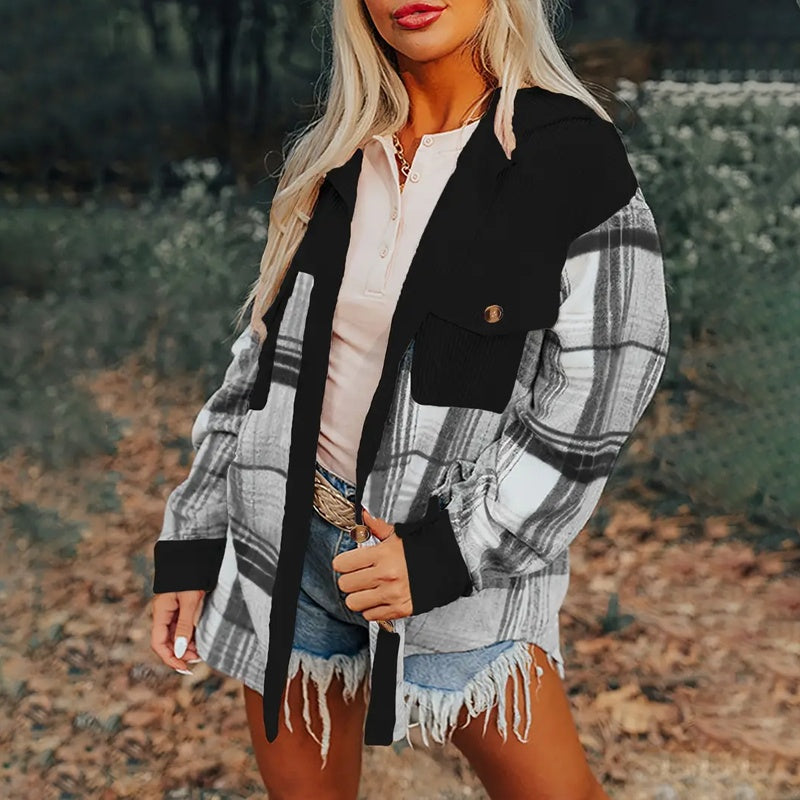 Women's Notch Lapel Check Print Long Sleeve Shirt