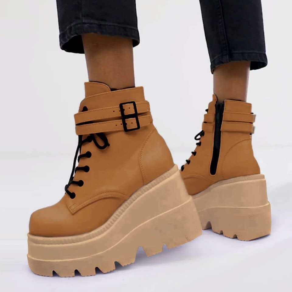 Women's Lace-Up Platform Ankle Boots with Buckle Straps