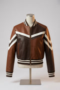 Brown Patchwork Faux-Leather Cropped Jacket with Striped Sleeves