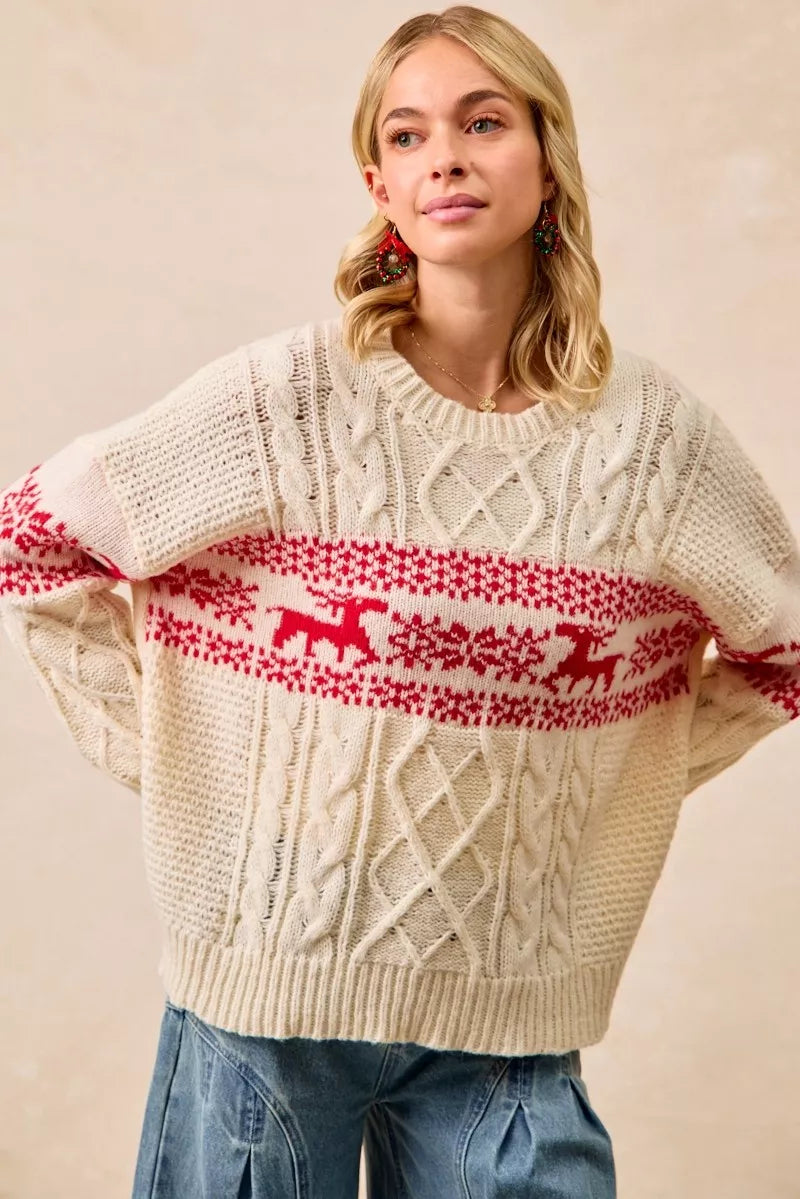 BiBi Christmas Theme Patterned Cable Knit Sweater