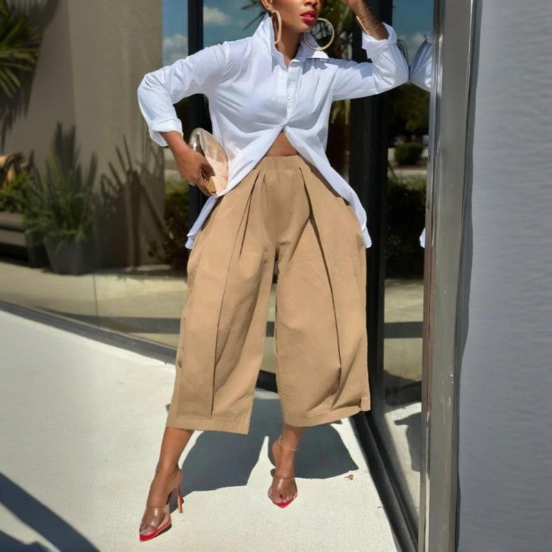 Women's Solid Color Cotton Wide Leg Cropped Pant