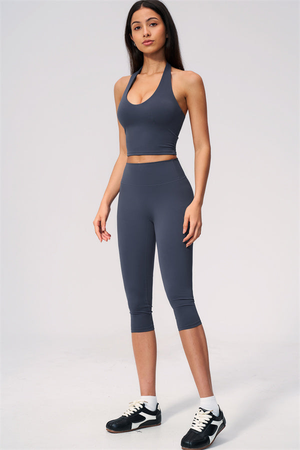 The Twirl Wide Strap Halter Crop Top Capri Leggings 2-Piece Set