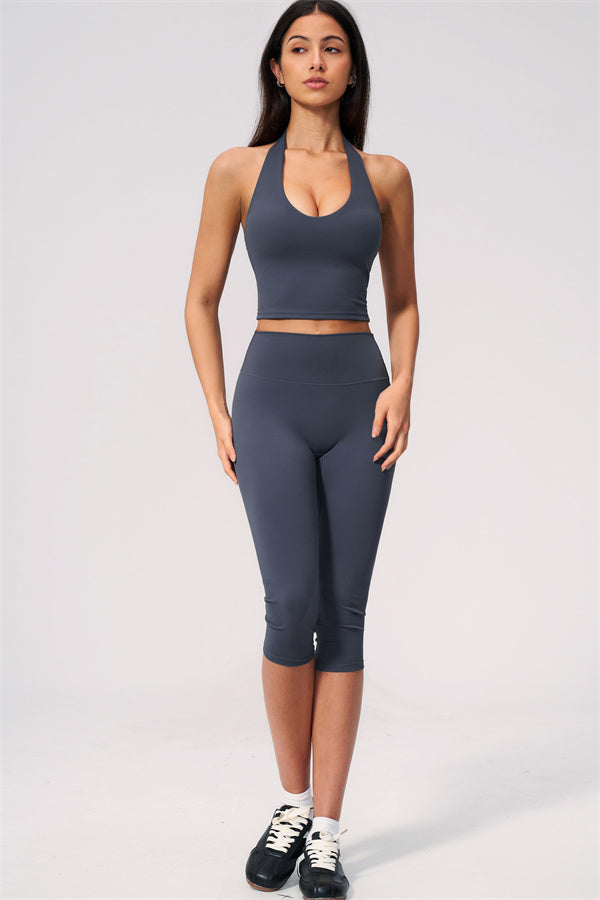 The Twirl Wide Strap Halter Crop Top Capri Leggings 2-Piece Set