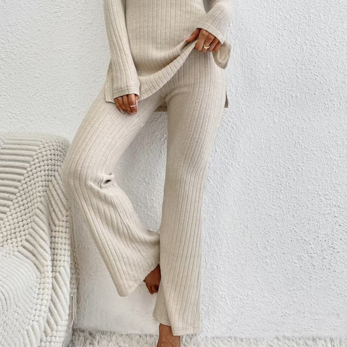 Women’s Ribbed V‑Neck Top & Pants Set