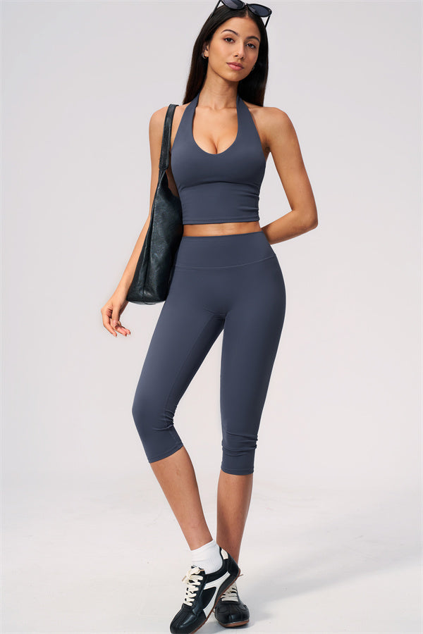 The Twirl Wide Strap Halter Crop Top Capri Leggings 2-Piece Set