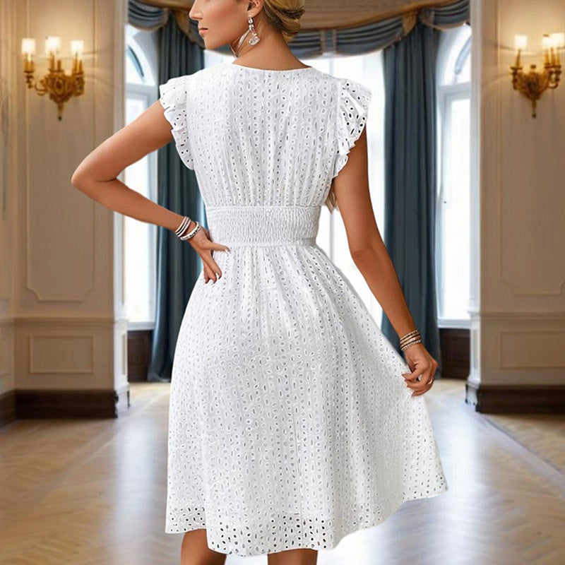 Waisted V-Neck Lace Midi Dress