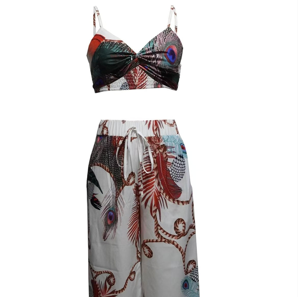 Women’s Feather Print Vacation Pants Set