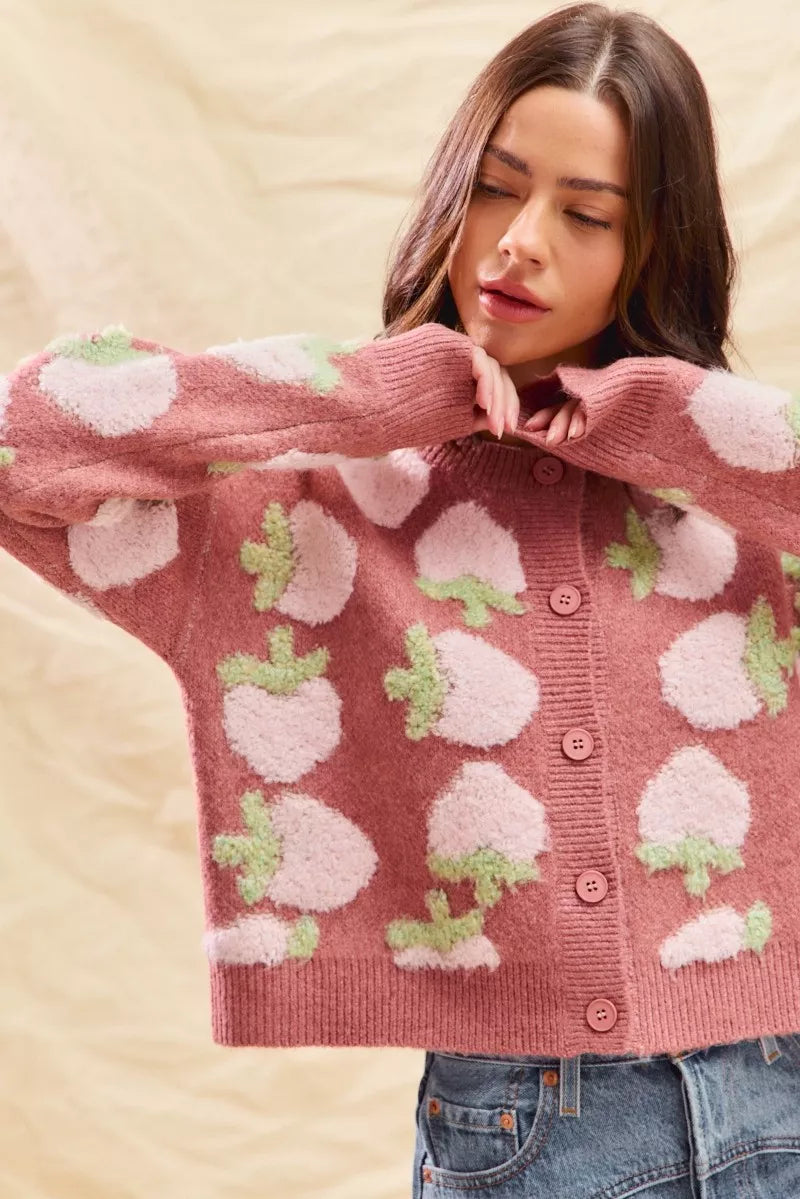 SO ME Strawberry Fruit All Over Button Sweater Cardigan