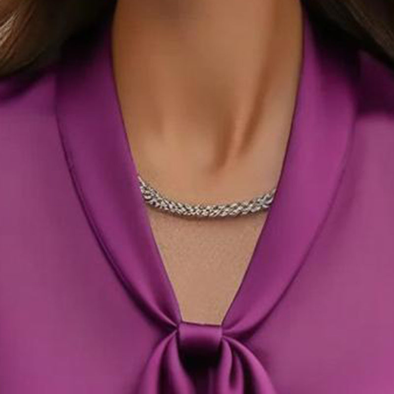 Elegant Satin Ribbon Blouse — Long Sleeve Button-Down Work Shirt