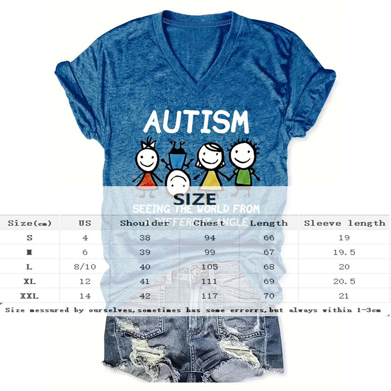 V-Neck 'AUTISM' Letters & Cartoon Children Print Tee