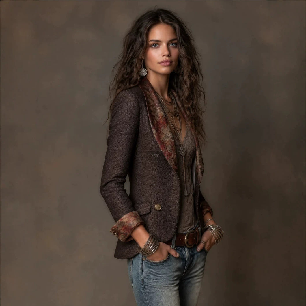 Women's Floral-Print Notched-Collar Blazer with Turn-Up Cuffs