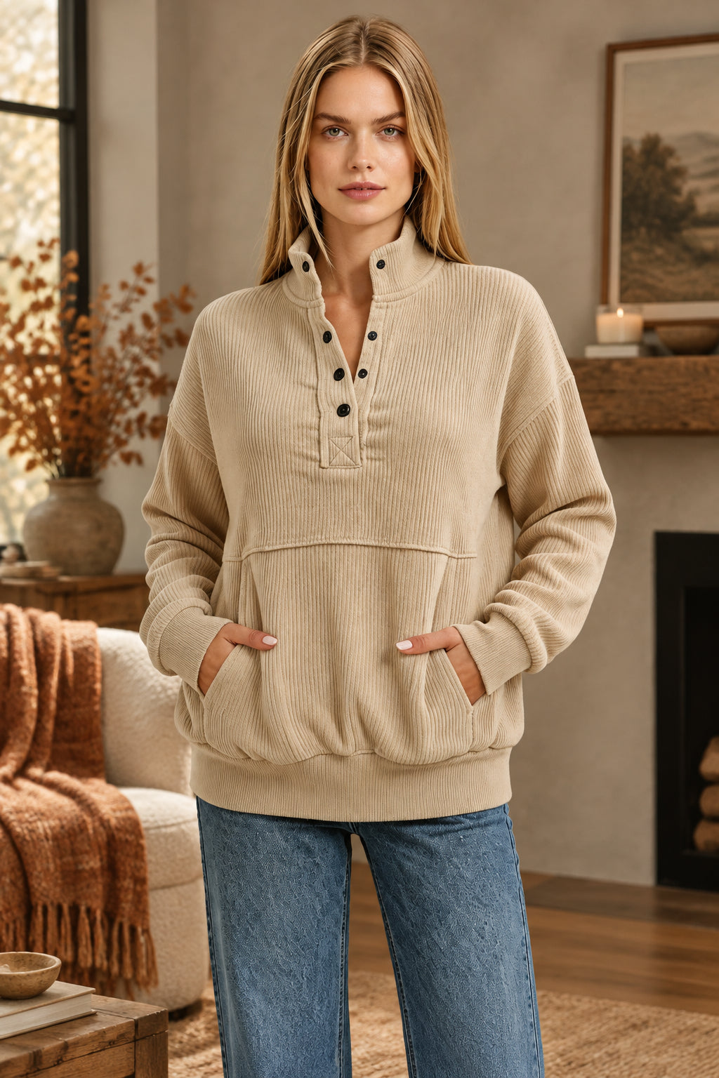 Women's Textured Button-Neck Sweatshirt with Front Pocket
