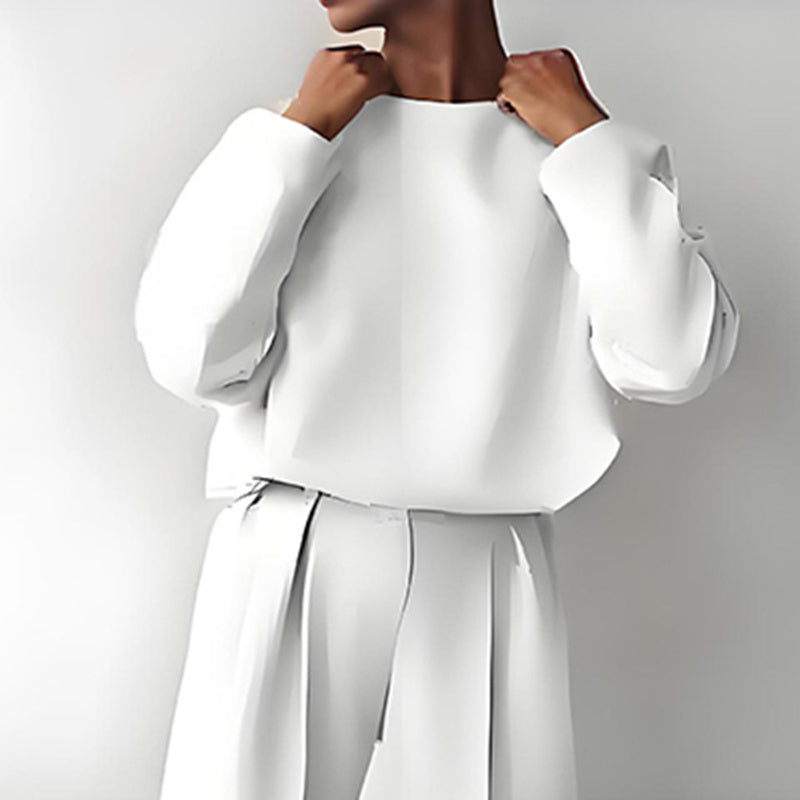 Women’s Solid Color 2-Piece Set – Long Sleeve Top & Pleated Pants Loungewear