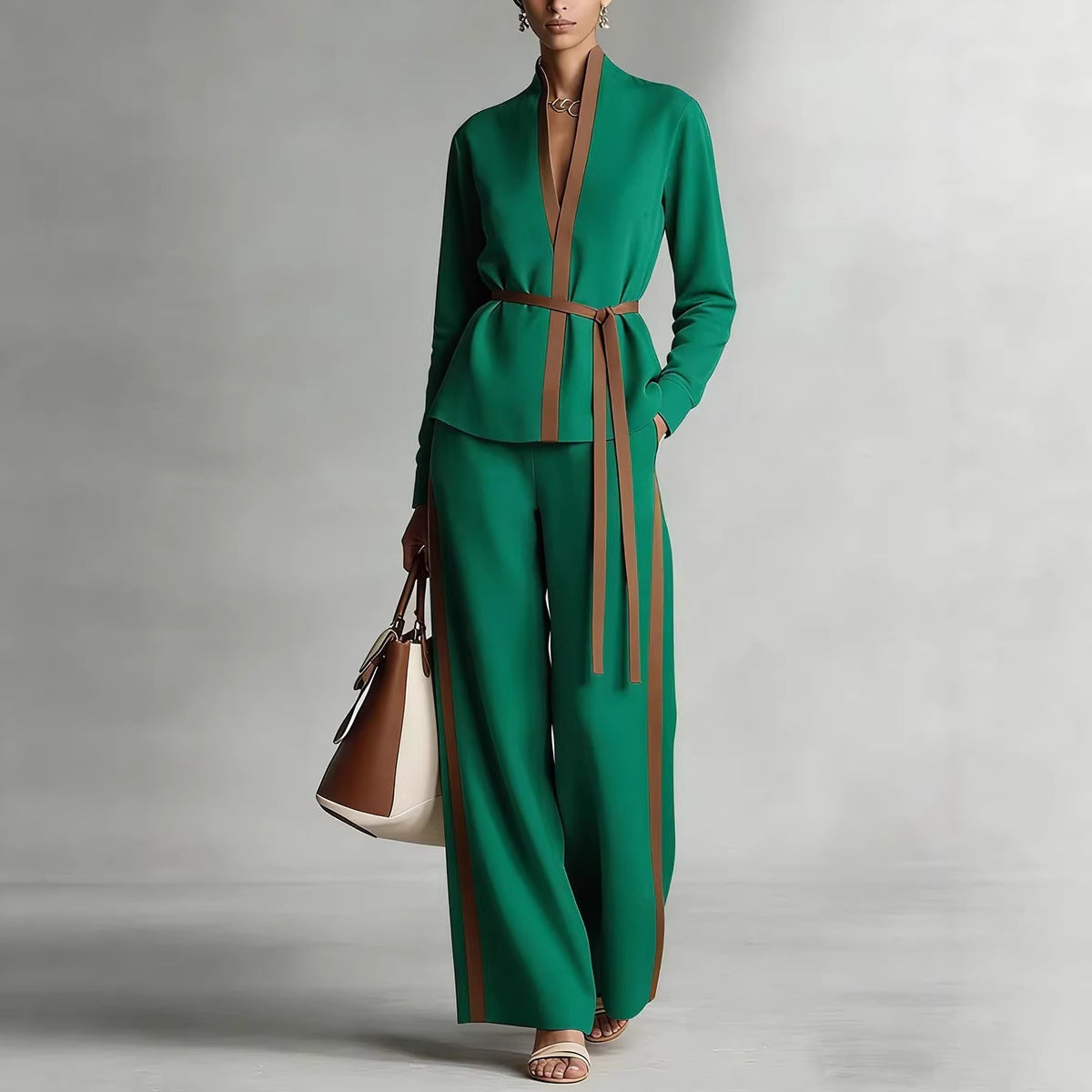 Women’s Patchwork Cardigan & Wide Leg Pants Two Piece Set