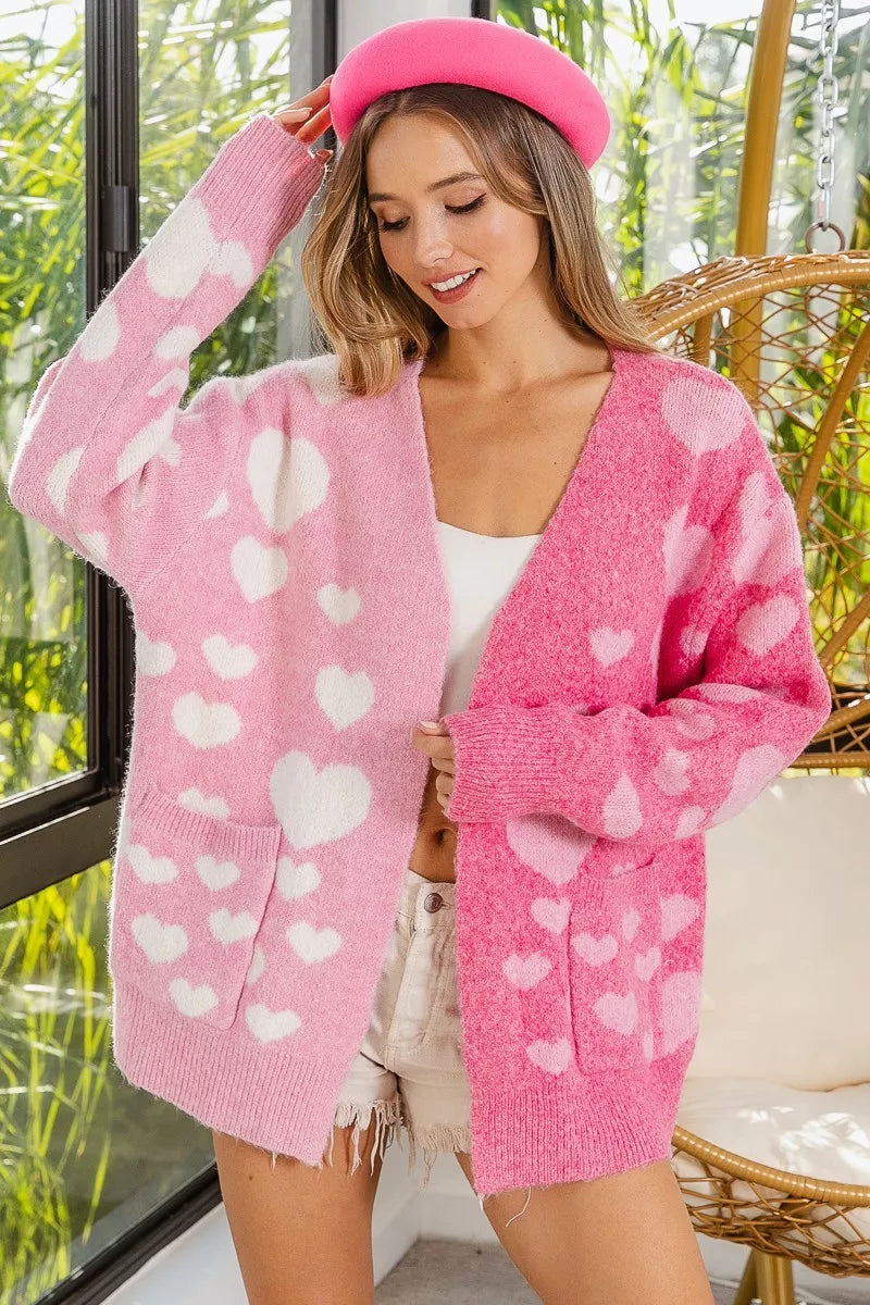 BiBi Heart Color Block V-Beck Knit Cardigan with Pockets